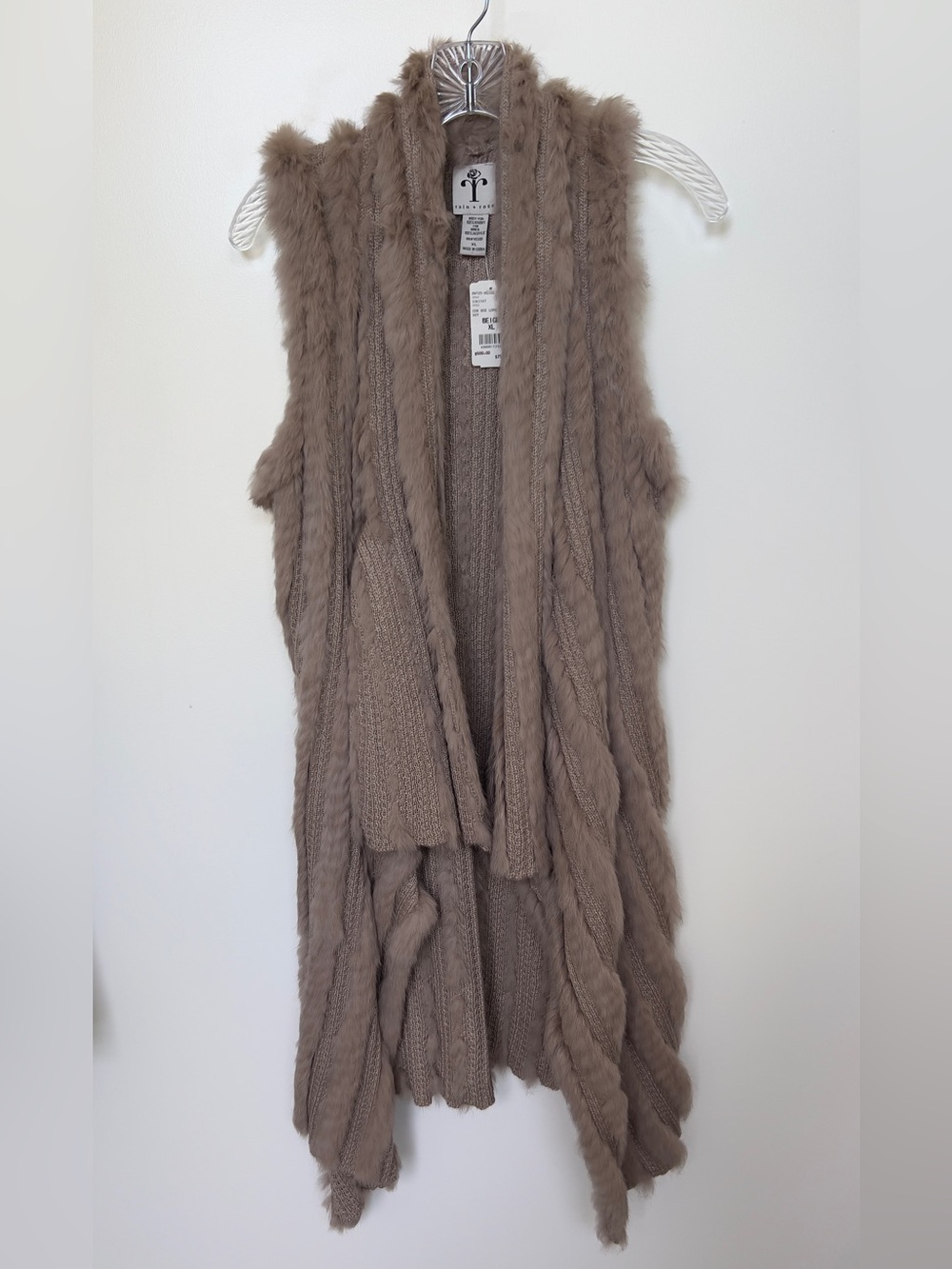 Rain & Rose women’s beige long rabbit vest size XL new with tags